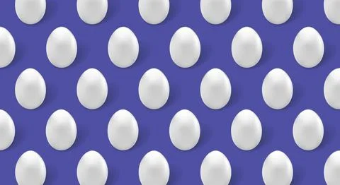 White eggs, egg pattern on purple background. Copy space. 스톡 일러스트