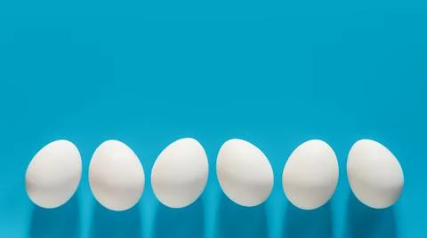 White eggs in a row on blue background with copy space Stock-Fotos