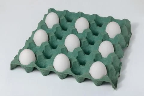 White eggs in their container. Concept of social distancing. Stock Photos
