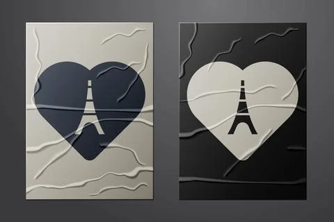 White Eiffel tower with heart icon isolated on crumpled paper background. F.. Stockillustratie