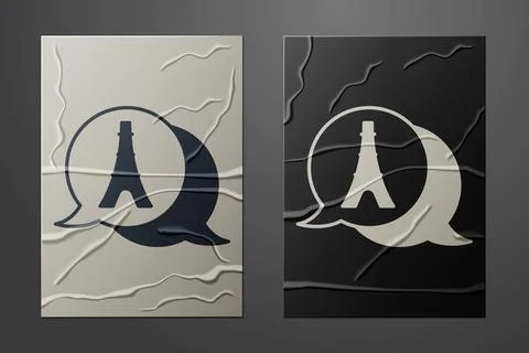 White Eiffel tower icon isolated on crumpled paper background. France Paris 스톡 일러스트