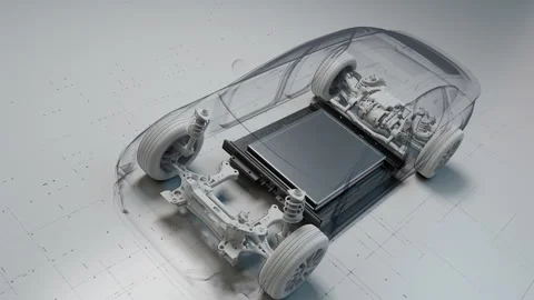 White electric car chassis showing internal battery and suspension structure. Stock Footage 329289930