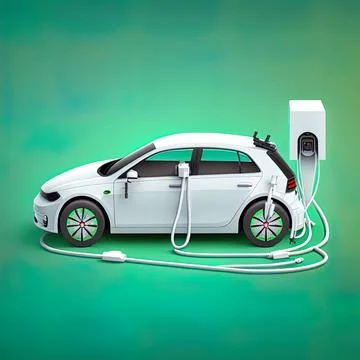 White electric car connected to power station charger on green background 3D Stock Illustration
