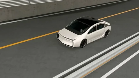 White electric car driving on loop bridge. Concept for challenge Stock Footage 75736733