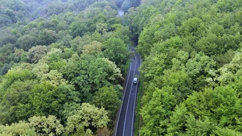 White electric car driving through green eco landscape with drone tracking shot Video stock 330861074