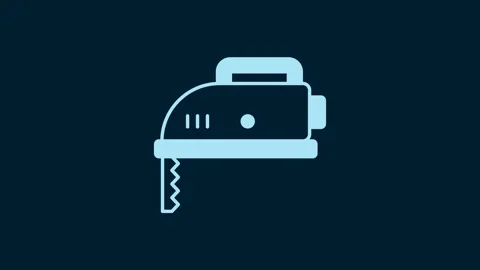 White Electric jigsaw with steel sharp blade icon isolated on blue background Stock Footage 229559063