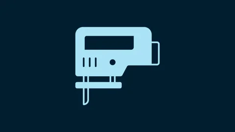 White Electric jigsaw with steel sharp blade icon isolated on blue background Stock Footage 229559169
