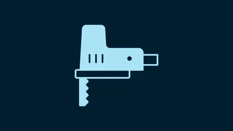 White Electric jigsaw with steel sharp blade icon isolated on blue background Stock Footage 229559355