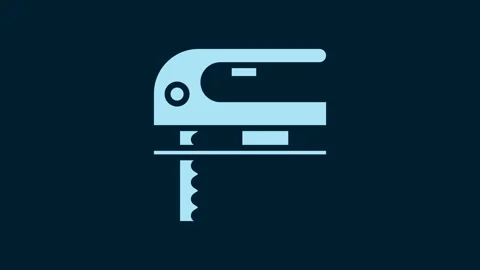 White Electric jigsaw with steel sharp blade icon isolated on blue background Stock Footage 230045235
