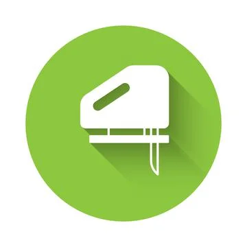 White Electric jigsaw with steel sharp blade icon isolated with long shadow Stock Illustration