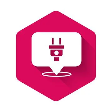 White Electric plug icon isolated with long shadow background. Concept of Illustrazione stock