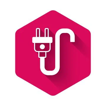 White Electric plug icon isolated with long shadow background. Concept of Illustrazione stock