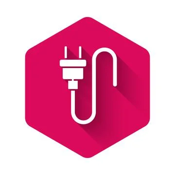 White Electric plug icon isolated with long shadow. Concept of connection and Illustrazione stock