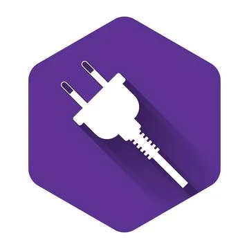 White Electric plug icon isolated with long shadow. Concept of connection and Illustrazione stock