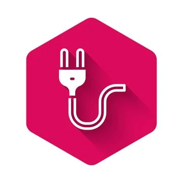 White Electric plug icon isolated with long shadow. Concept of connection and Illustrazione stock