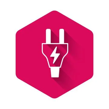 White Electric plug icon isolated with long shadow background. Concept of c.. Illustrazione stock