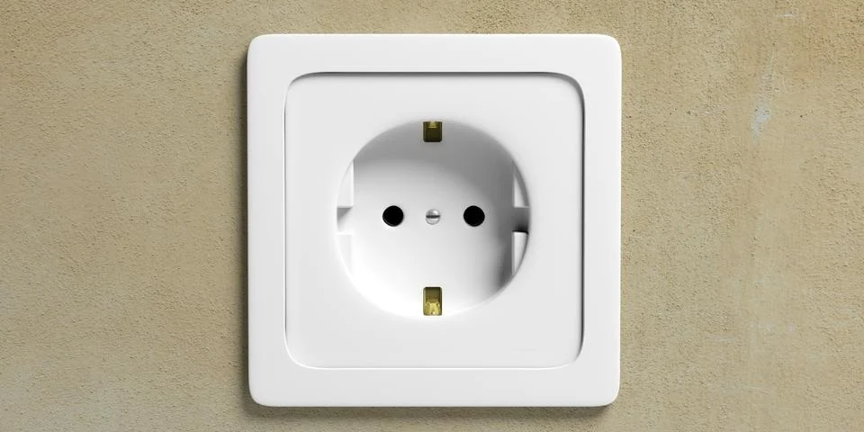 White electric power socket isolated on beige color wall, front view. 3d illu Stock Illustration
