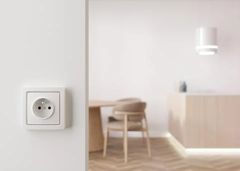 White electric socket on the wall at home. Close up view. Save electricity Illustrazione stock