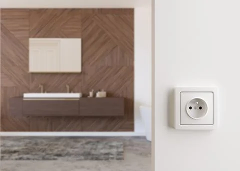 White electric socket on the wall at home. Close up view. Save electricity Stock Illustration