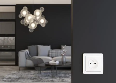 White electric socket on the wall at home. Close up view. Save electricity Stock Illustration