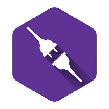 White Electric wire plug and socket icon isolated with long shadow. Purple Stock Illustration