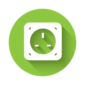 White Electrical outlet icon isolated with long shadow background. Power socket Stock Illustration
