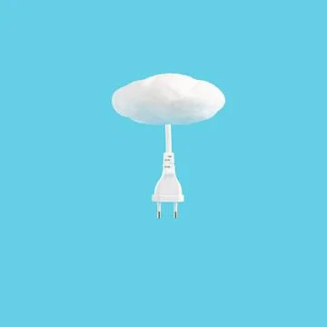 White electrical socket is connected to a grey fluffy cloud via a white cord Stock Photos