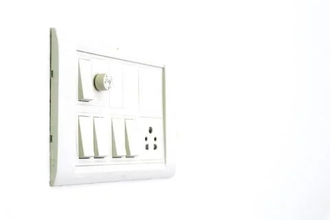 White Electrical Switchboard with Fan Regulator and Power Socket Stock Photos