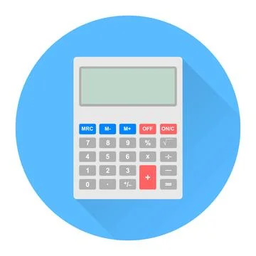 White electronic calculator vector icon inside blue circle button with long. Stock Illustration
