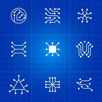 White electronic computer chip circuit and motherboard equipment vector icons Stock Illustration