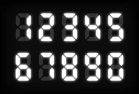 White electronic numbers on black background. LED clock. Digital Watch Stock Illustration