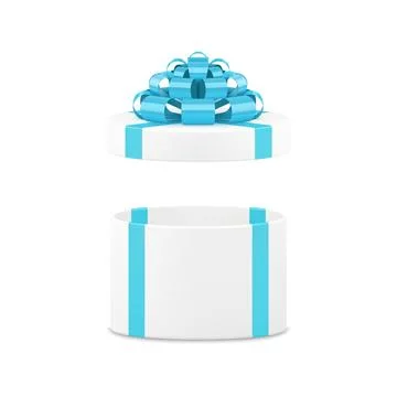 White elegant circle gift box with open cap and stylish blue bow ribbon 3d ic Stock Illustration