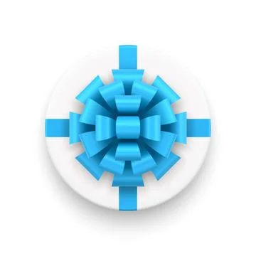 White elegant circle gift box with luxury blue bow ribbon top view 3d icon .. Stock Illustration