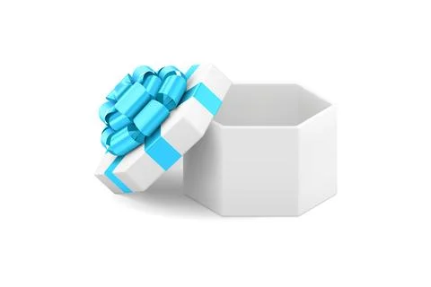 White elegant empty open gift box with blue luxury bow ribbon 3d icon realist Stock Illustration