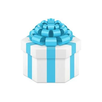 White elegant hexagonal gift box with blue luxury bow ribbon 3d icon realisti Stock Illustration