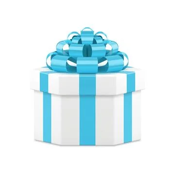 White elegant hexagonal gift box luxury blue bow ribbon festive surprise 3d.. Illustrazione stock