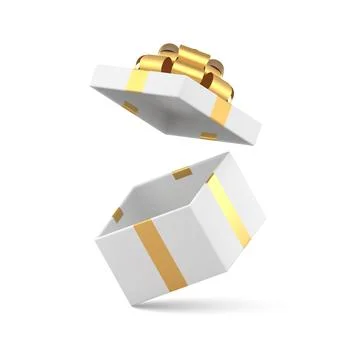 White elegant luxury open gift box with flying lid and golden bow ribbon 3d i Stock Illustration