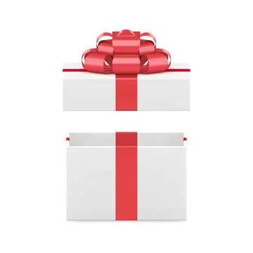 White elegant open gift box with luxury red bow festive present 3d icon rea.. Stock Illustration
