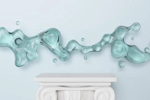 White, elegant podium with water splash on light blue background. Mock up for Stock Illustration