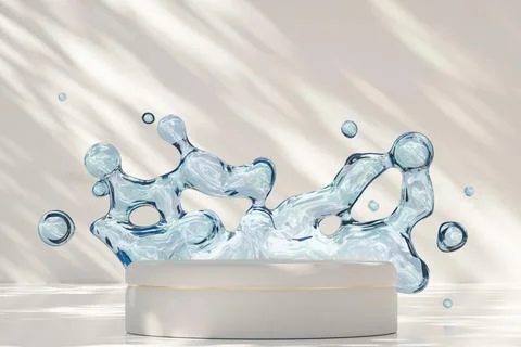 White, elegant podium with water splash on light, neutral background. Mock up Stock Illustration