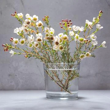 White elegant tiny flowers on spring branch in sun beam in glass on white woo Stock Photos