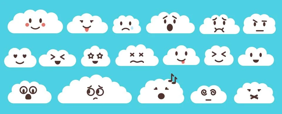 White emoji flat vector cloud set isolated on blue Stock Illustration