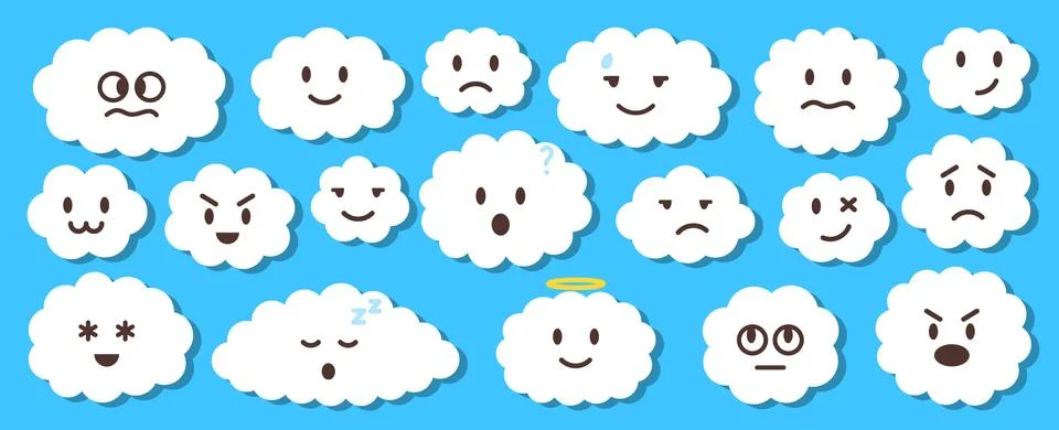 White emoji flat vector cloud set isolated on blue Stock Illustration