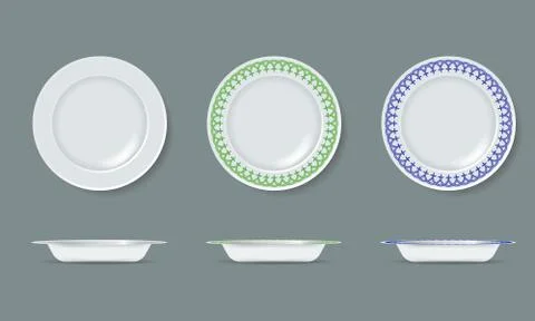 White empty and decorated ceramic plate mock up with top and side view. Vector Stock Illustration