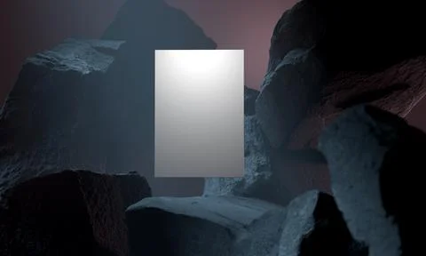 White empty banner in a dark black cave. 3d rendering Illustrazione stock