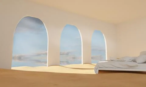 White empty bedroom filled with desert sand, rays of sunlight fall through th Stock Illustration