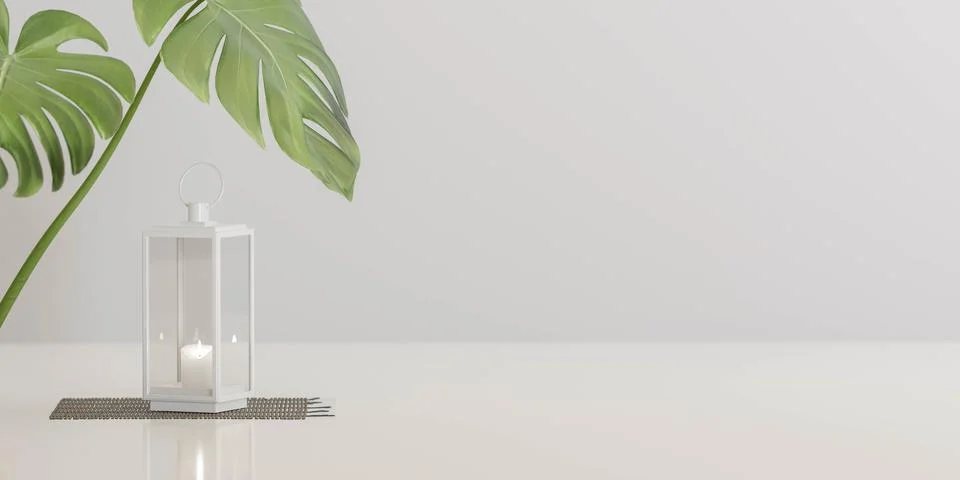 White empty blank background with plants and candle 3d render illustration Stock Illustration