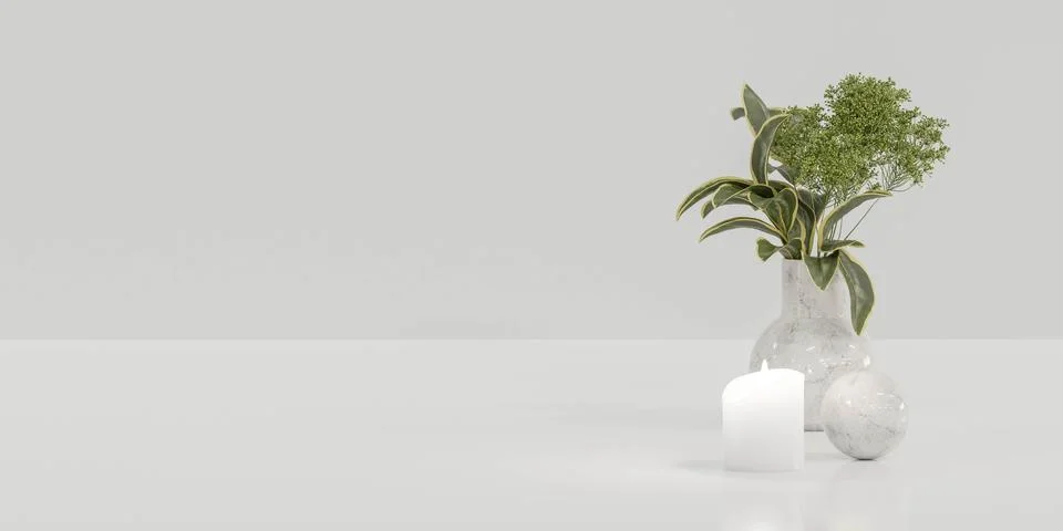 White empty blank background with vase, plants and candle 3d render illustration Stock Illustration