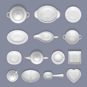 White empty ceramic crockery mockup set, vector top view isolated illustration Stock Illustration