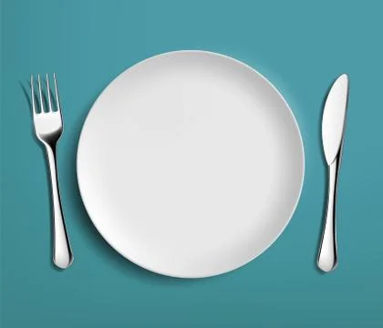 White empty ceramic plate with table knife and fork. Illustrazione stock